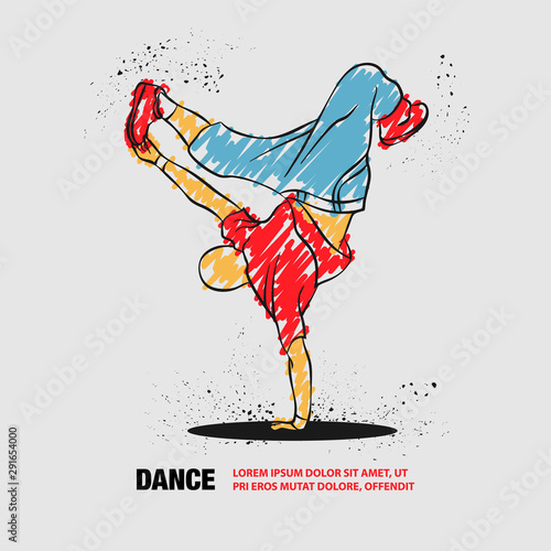 Breakdancer dancing and making a frieze on one hand. Vector outline of Breakdancer with scribble doodles.