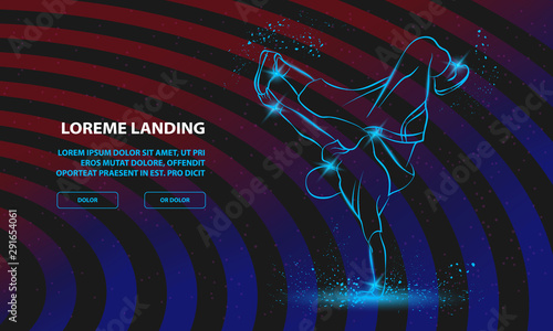 Breakdancer dancing and making a frieze on one hand. Vector Breakdance Background for Landing Page Template.