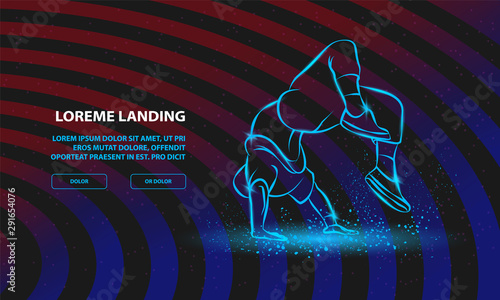 Breakdancer doing a back flip. The man is dancing hip hop style. Vector Breakdance Background for Landing Page Template.