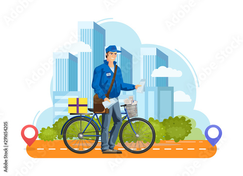 Delivery courier order box on bicycle on background of high-rise buildings of the city. Order transportation male courier. Post delivery letters, parcels on bike. Fast machine transport vector