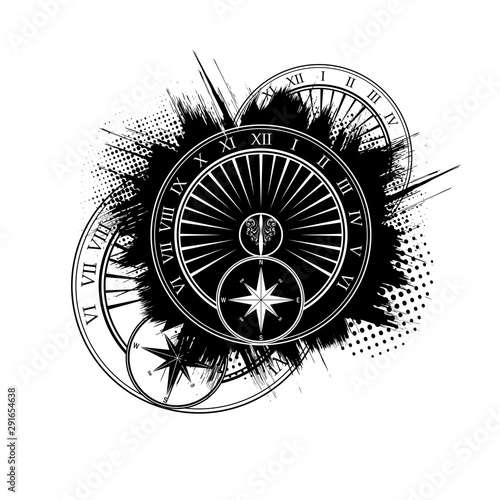 Abstract black grunge splash with different design elements isolated on white background