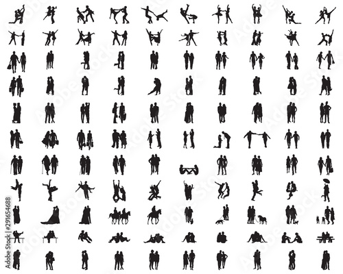 Black silhouettes of couples in a different situations on a white background