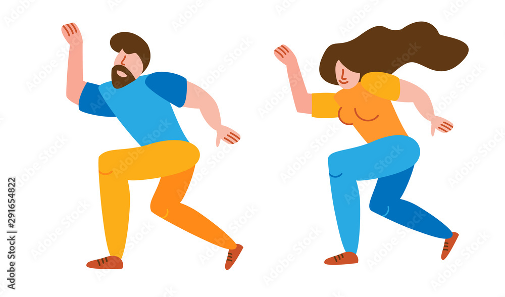 Joyful and happy dance in a flat style. A pair of people characters spend time together. Couple moves one way andcelebrates valentines day festival on white background isolated