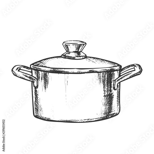 Pot Stainless Cooking Kitchenware Vintage Vector. Metallic Kitchen Accessory Pot For Boiling Water And Cook Food. Saucepan Engraving Template Designed In Vintage Style Black And White Illustration