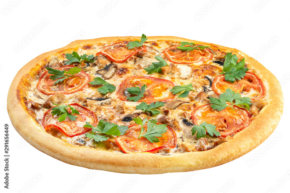 Pizza with cheese, chicken and tomato at an angle of 45 degrees isolated on a white background. Clipping path. Food photo for menu