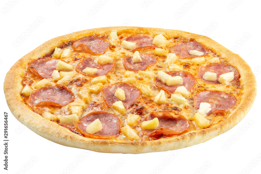 Pizza with cheese, salami and pineapple at an angle of 45 degrees isolated on a white background. Clipping path. Food photo for menu