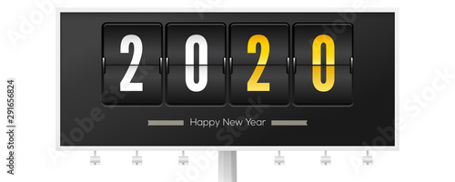 Billboard with greetings of Christmas or New Year 2020. Analog countdown timer. Mechanical flip clock on black background. New Year counter for greeting card. Vector 3d illustration