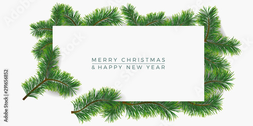 Christmas background with fir branches. Vector illustration with frame and copy space