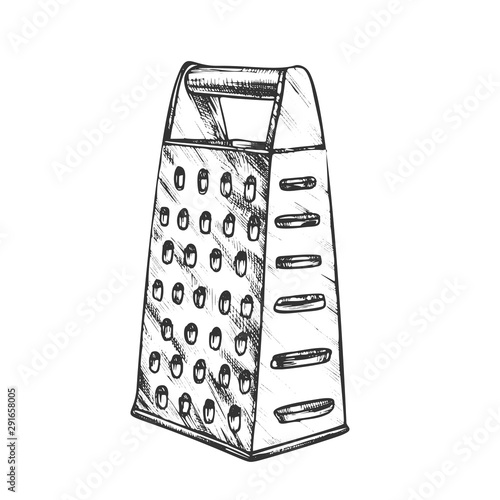Grater Metallic Kitchenware Monochrome Vector. Domestic Stainless Appliance Grater. Vegetable And Cheese Slicer Engraving Template Designed In Vintage Style Black And White Illustration