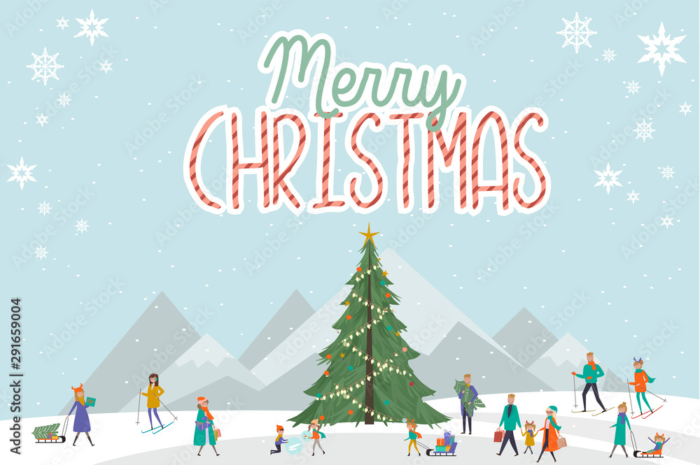 Tiny people around a Christmas Tree. Christmas scene with people on the street, sledding, skiing. Merry Christmas greeting card. Vector Illustration.