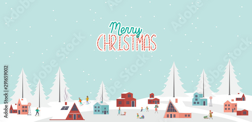 Cute Merry Christmas greeting card with winter landscape, Scandinavian houses and active people. Editable vector illustration