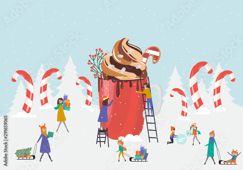 Tiny people around a huge mug of cocoa. Christmas scene with people on the street, sledding, skiing. Merry Christmas greeting card. Vector Illustration.