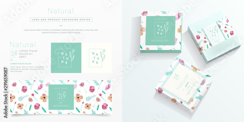 Natural logo and packaging design template. Natural soap package mockup created by vector. Watercolor green leaf pattern for branding and corporate identity design.