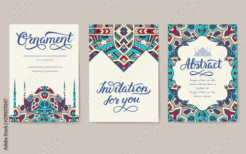 Set of Turkish flyer page ornament illustration concept. Art traditional, Islam, arabic, abstract, ottoman motifs, elements. Vector decorative ethnic greeting card or invitation design background.