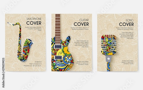 Set of musical ornament illustration concept. Art music, book, poster, abstract, ottoman motifs, element. Vector decorative ethnic greeting card or invitation design background.