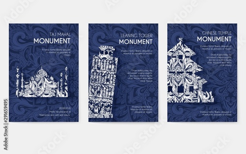 set of art ornamental travel and architecture on ethnic floral style flyers. Vector decorative banner of card or invitation design. Historical monuments of France, England, Italy, USA, Germany, Mexico