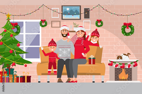 Family christmas celebration at room interior with couple,