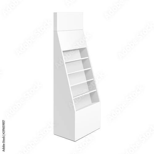 Cardboard Retail Shelves Floor Display Rack For Supermarket Blank Empty. Mock Up. 3D On White Background Isolated. Ready For Your Design. Product Advertising. Vector EPS10