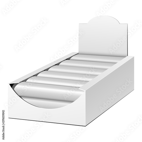 Mockup Display Holder Box Cardboard Filled Blank Empty. Chocolate, Protein Bar. Mock Up, Template. Products On White Background Isolated. Ready For Your Design. Mockup Product Packing. Vector EPS10