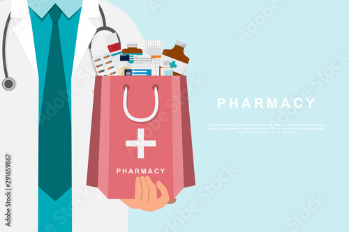 pharmacy background with doctor holding a medicine bag