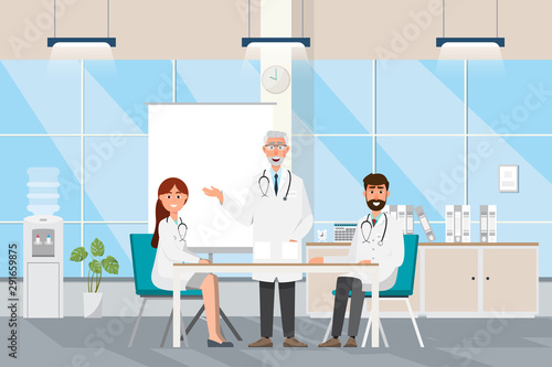 Medical concept with doctor and patients in flat cartoon at hospital hall