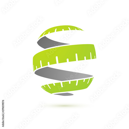 Fitness vector logo concept. Stylized isolated green measuring tape logotype template for lose weight program 