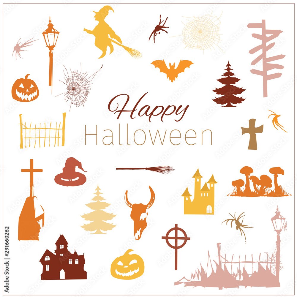 Set of vector elements for happy halloween. Icons. Contours and silhouettes on a white background for printing in line style. Set of vector elements for happy halloween. Icons. Contours and silhouettes on a white background for printing in line style.