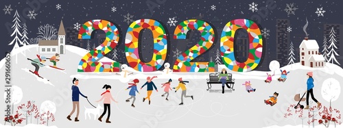 Winter night cityscape with 2020 text,Happy city celebrating on Christmas or New year boy, girls and boys playing ice skates,kids sitting on snowboard in the winter park, teenagers skiing on the hill