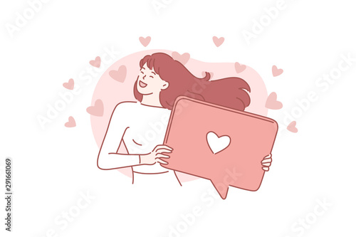 Social networking, promotion, smm concept. Young happy excited woman or girl holding a speech bubble. Sweet lady in a great mood puts a big like. Romantic dreamy. Advertising content. Simple flat