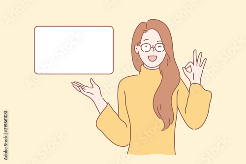 Marketing, advertising, promotion, approval concept. Young woman or girl businessman makes a okay gesture, a symbol of approval. lady or teenager blinks eye and like, indicating the free space for