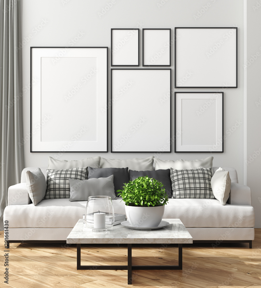 Mock up poster frame in home interior, Scandinavian style, 3d render - obrazy, fototapety, plakaty 