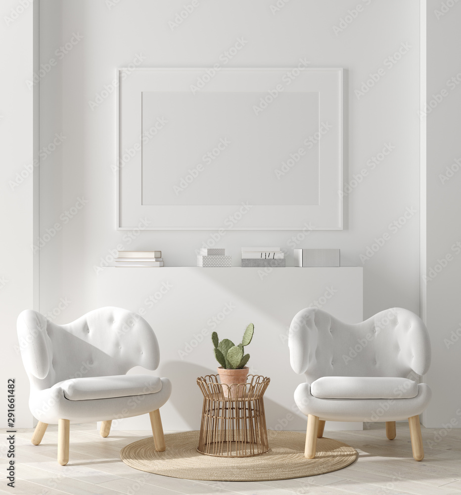 Mock up poster, mock up wall in home interior, Scandinavian style, 3d render - obrazy, fototapety, plakaty 