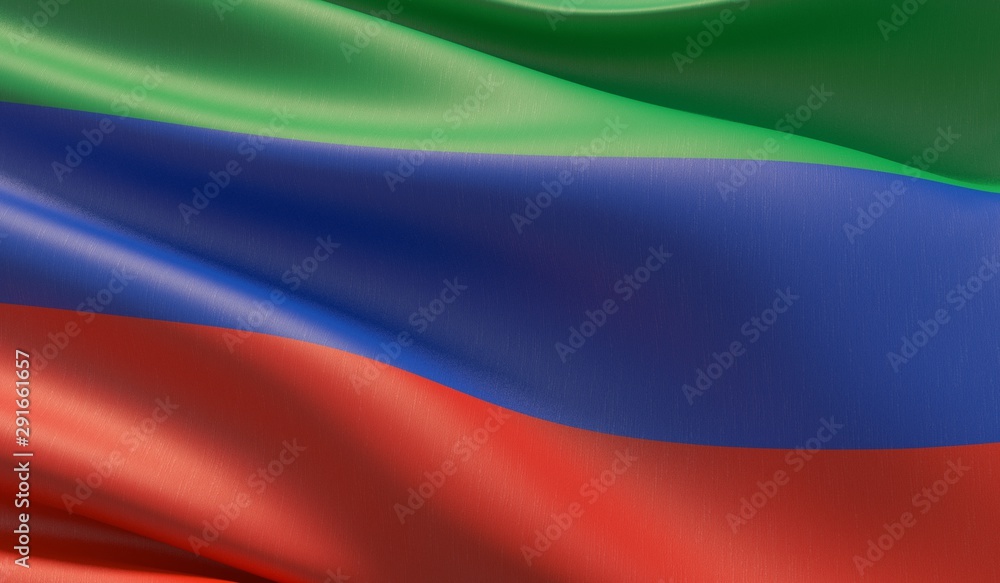Fototapeta premium Flag of Dagestan, High resolution close-up 3D illustration. Flags of the federal subjects of Russia.