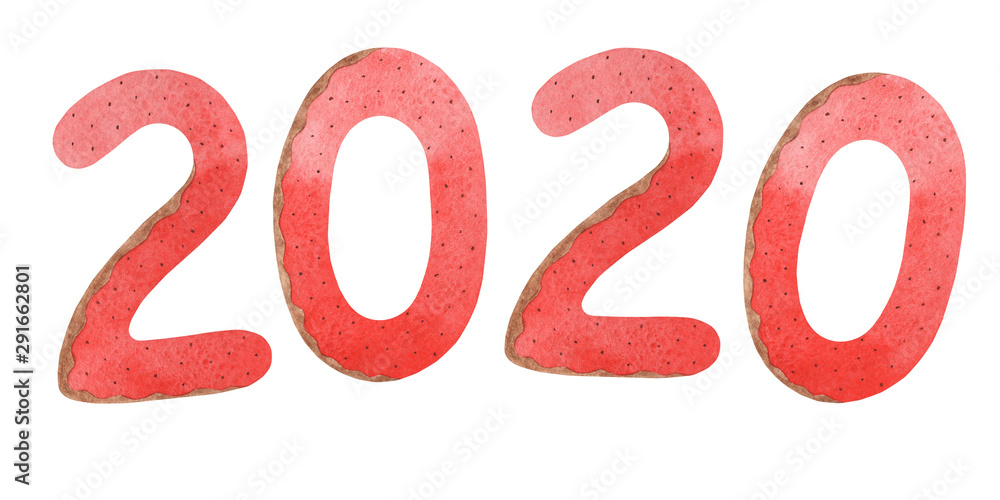 Happy New Year 2020 text. Painted with watercolor in the form of gingerbread in red glaze. Happy New Year 2020 text. Painted with watercolor in the form of gingerbread in red glaze.