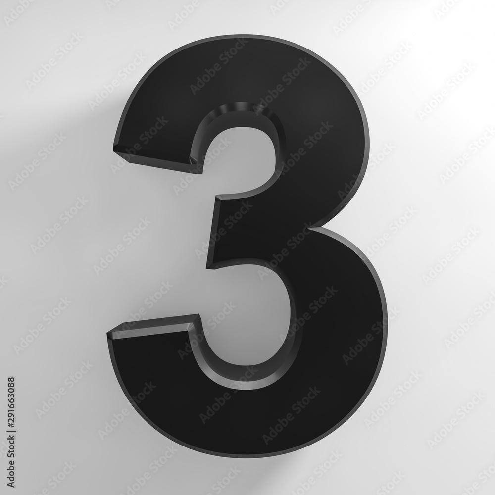 Fototapeta premium Number 3 black color collection on white background illustration 3D rendering