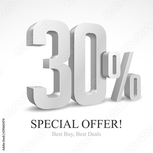 30 Off Special Offer Silver 3D Digits Banner, Template Thirty Percent. Sale, Discount. Grayscale, Metal, Gray, Glossy Numbers. Illustration Isolated On White Background. Ready For Your Design. Vector