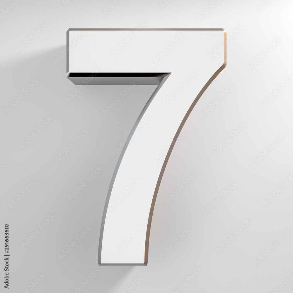Number 7 silver color collection on white background illustration 3D rendering