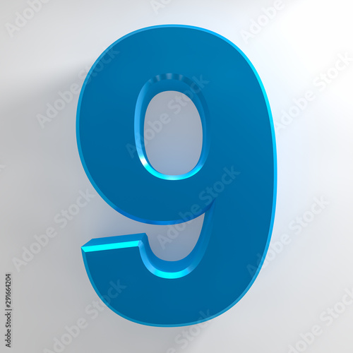 Number 9 blue color collection on white background illustration 3D rendering