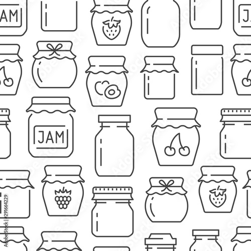 Jam seamless pattern with vector thin line icons. Glass jars with honey, jelly and other canned organic food. Homemade sweet preserves background