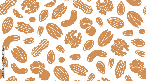 Nut seamless pattern with flat silhouette icons. Vector background of dry nuts and seeds - almond, cashew, peanut, walnut, pistachio. Food texture for grocery shop, brown white color