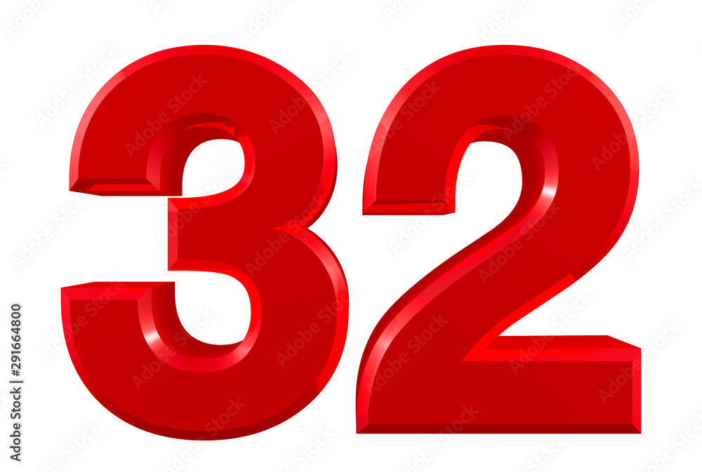 Red numbers 32 on white background illustration 3D rendering Red numbers 32 on white background illustration 3D rendering