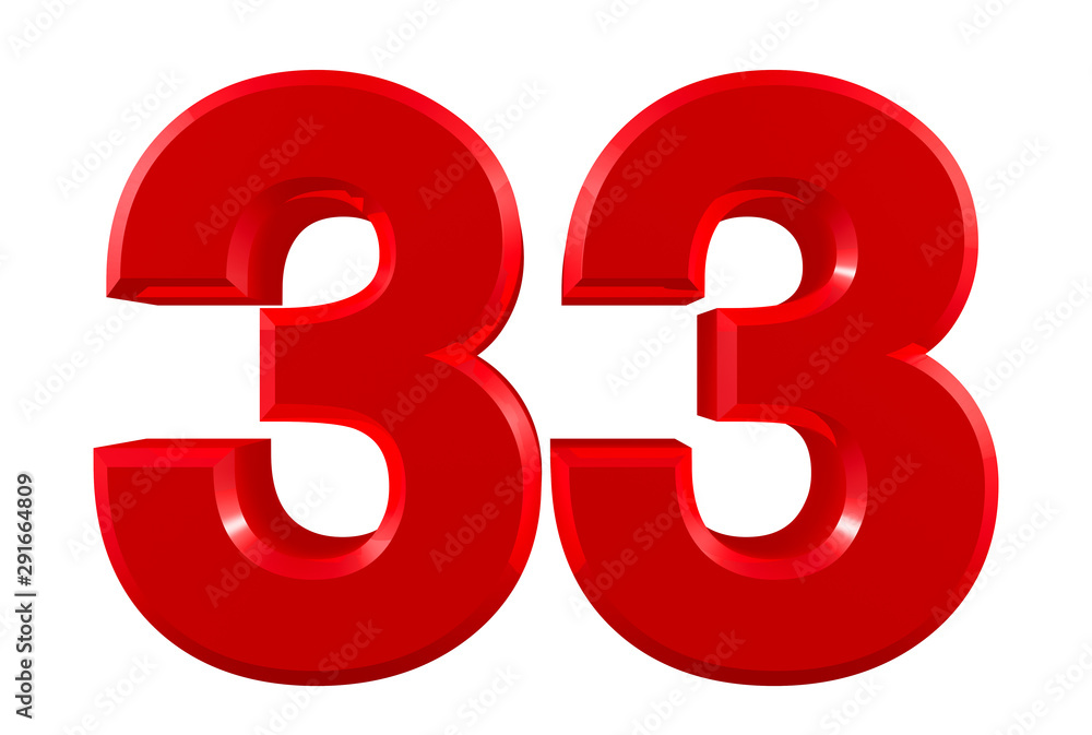 Red numbers 33 on white background illustration 3D rendering Red numbers 33 on white background illustration 3D rendering