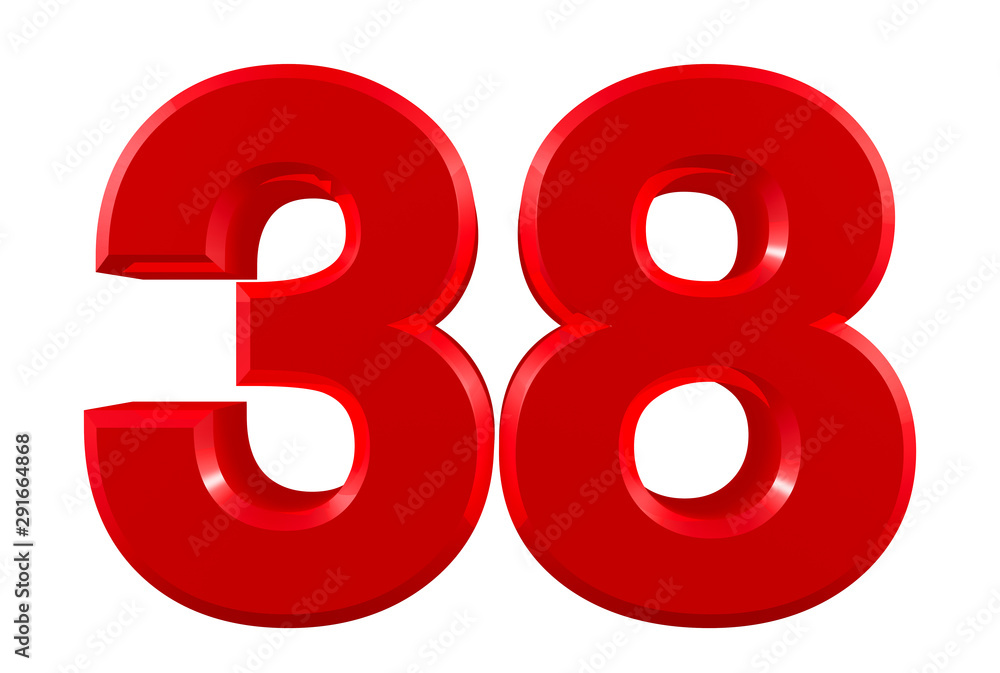 Red numbers 38 on white background illustration 3D rendering Red numbers 38 on white background illustration 3D rendering