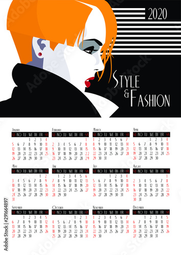 Calendar 2020 with fashion woman in style Pop art