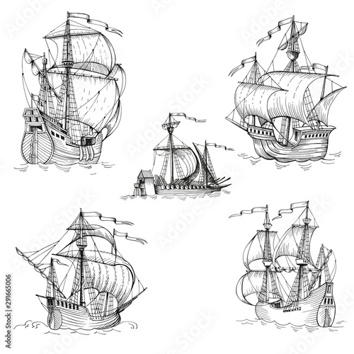 Old caravel, vintage sailboat. Hand drawn vector sketch.
