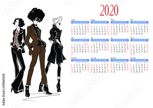Calendar 2020 with fashion woman in sketch style