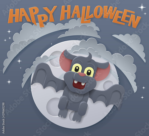 A Halloween cute vampire bat flying in front of the moon in a cartoon papercraft style