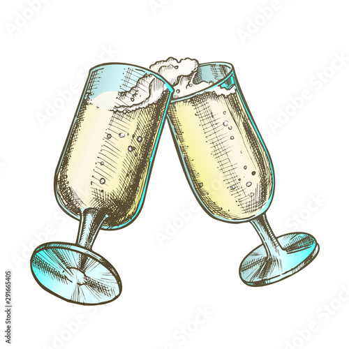 Two Elegant Champagne Glasses Color Vector. Couple Cheers Champagne Glassware With Fizz Alcohol Drink. Engraving Template Hand Drawn In Vintage Style Illustration