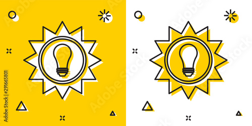Black Solar energy panel icon isolated on yellow and white background. Sun and light bulb. Random dynamic shapes. Vector Illustration