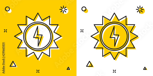 Black Solar energy panel icon isolated on yellow and white background. Sun with lightning symbol. Random dynamic shapes. Vector Illustration